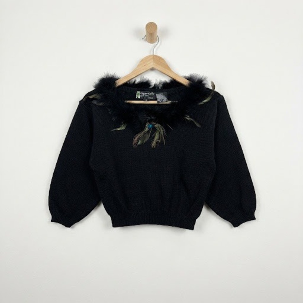 Vintage 90s Whimsigoth Black Feather Trim Knit Sweater Crop Indie Sleaze Glam S